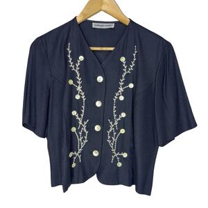 Stephanie Cueller vintage Embroidered crop Navy Short Sleeve Button Front Top
